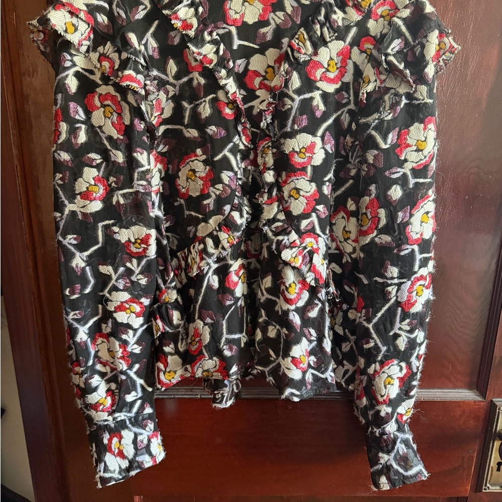 Isabel Marant Black Floral Ruffled Blouse with Red, White & Yellow Accents